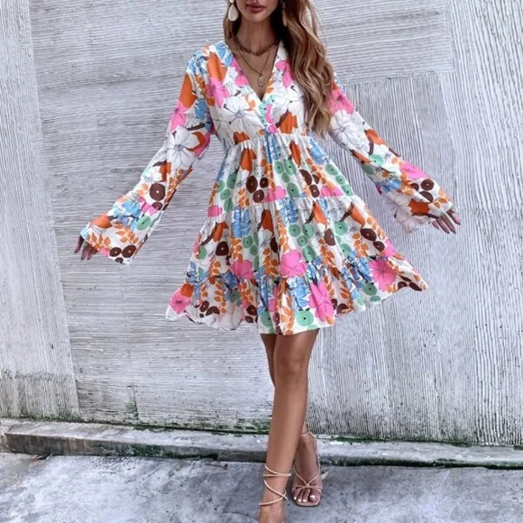 Boho Pink Floral Print Smock Ruffle Mini Dress - Picture 3 of 6